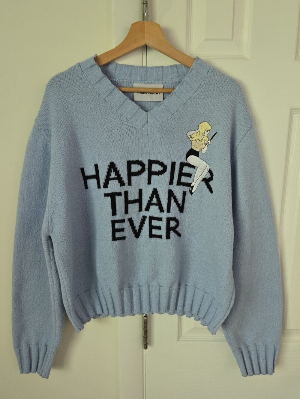 Billie Eilish Happier Than Ever V-Neck Knit Pullover Sweater XL Blue Graphic